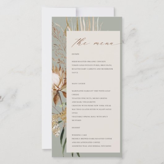 Boho Protea Gedroogde Palm Floral Wedding Menu Kaa (Voorkant)