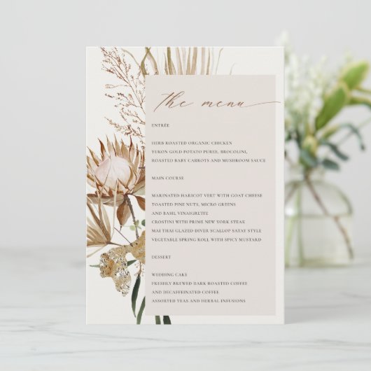 Boho Protea Gedroogde Palm Floral Wedding Menu Kaa Kaart (Staand voorkant)