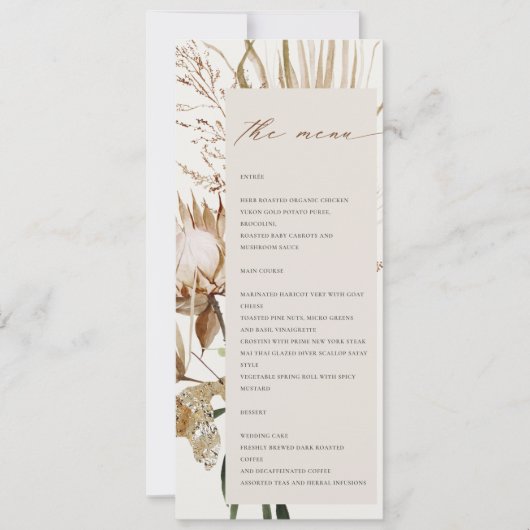 Boho Protea Gedroogde Palm Floral Wedding Menu Kaa Kaart (Voorkant)