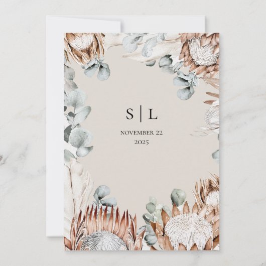 Boho Protea Neutral Pampas Wedding Kaart (Achterkant)