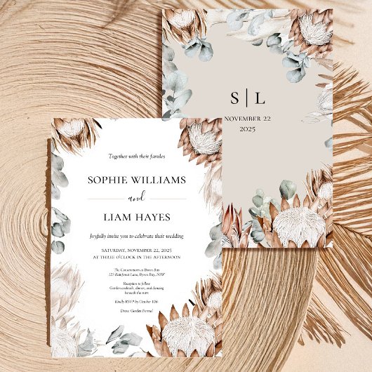 Boho Protea Neutral Pampas Wedding Kaart