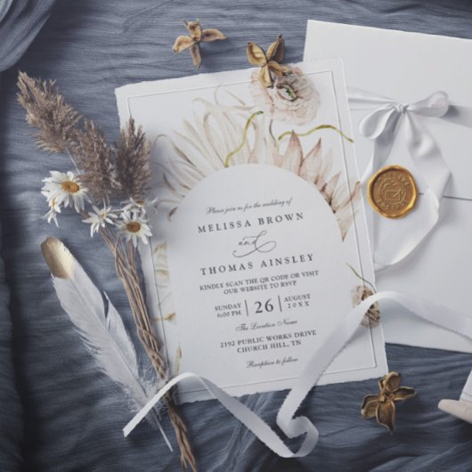 Boho Protea Pampas Gras Rustieke QR Code Trouwen Kaart