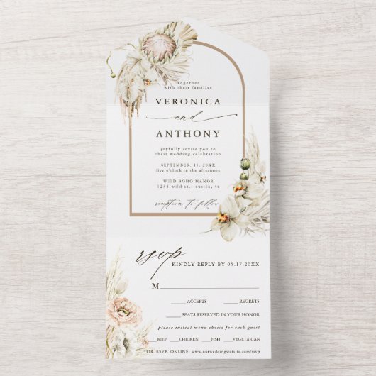Boho Protea Pampas Grass Floral Wedding All In One Uitnodiging (Binnen)