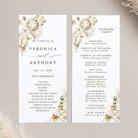 Boho Protea Pampas Grass Floral Wedding Ceremony Programmakaart