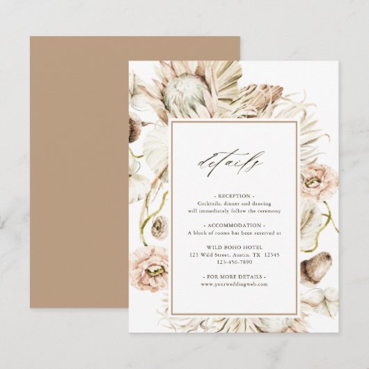 Boho Protea Pampas Grass Floral Wedding Details Informatiekaartje (Voorkant / Achterkant)