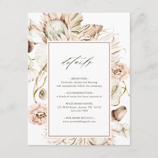 Boho Protea Pampas Grass Floral Wedding Details Informatiekaartje (Voorkant)