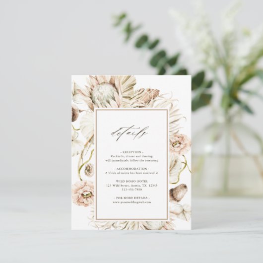 Boho Protea Pampas Grass Floral Wedding Details Informatiekaartje (Staand voorkant)