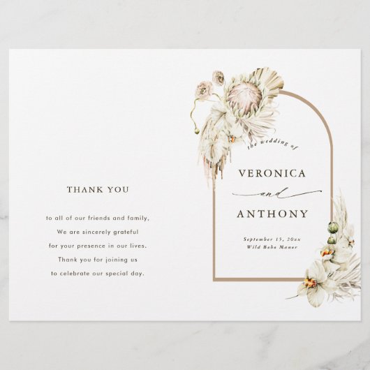 Boho Protea Pampas Grass Floral Wedding Programme (Voorkant)