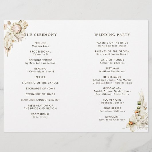 Boho Protea Pampas Grass Floral Wedding Programme (Achterkant)