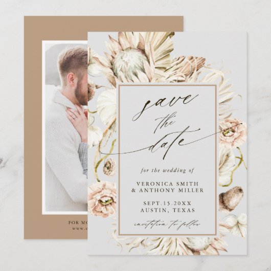 Boho Protea Pampas Grass Gray Wedding Foto Save The Date (Voorkant / Achterkant)