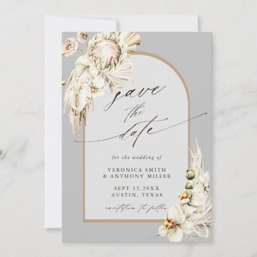 Boho Protea Pampas Grass Gray Wedding Foto Save The Date (Voorkant)