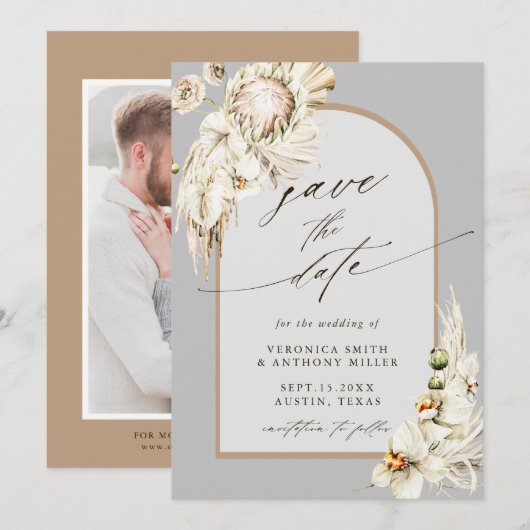 Boho Protea Pampas Grass Gray Wedding Foto Save The Date (Voorkant / Achterkant)