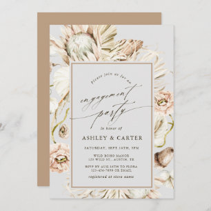 Boho Protea Pampas Grass Grey Engagement Party Kaart