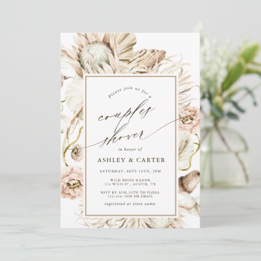 Boho Protea Pampas Grass Waterverf Couples Shower Kaart (Staand voorkant)
