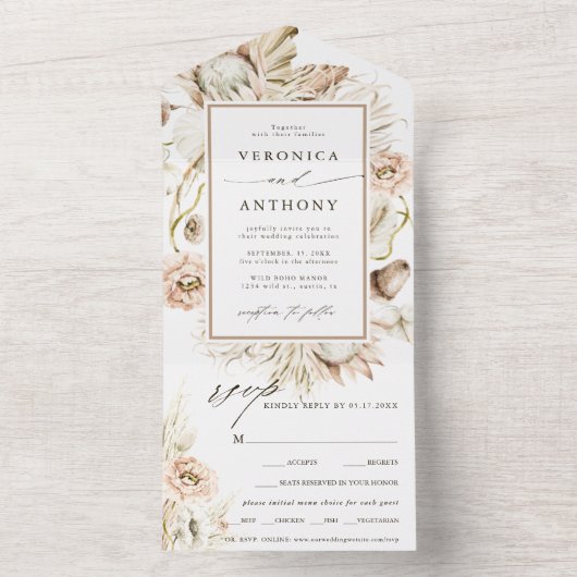 Boho Protea Pampas Grass Waterverf Wedding All In One Uitnodiging (Binnen)