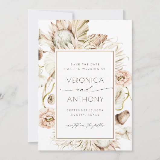 Boho Protea Pampas Grass Waterverf Wedding Foto Save The Date (Voorkant)