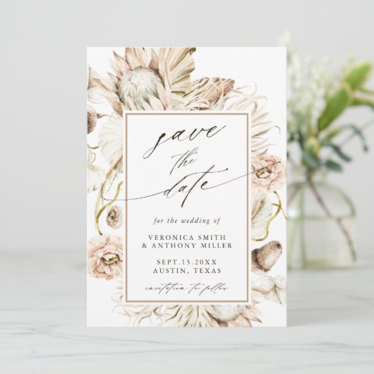 Boho Protea Pampas Grass Waterverf Wedding Foto Save The Date (Staand voorkant)