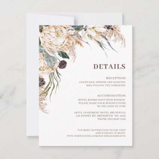 Boho Protea Pampas Grass Wedding Details Card (Voorkant)