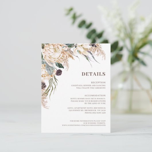 Boho Protea Pampas Grass Wedding Details Card (Staand voorkant)