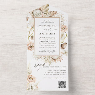 Boho Protea Pampas Grass Wedding QR Code All In One Uitnodiging