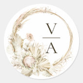 Boho Protea Pampas Grass Wreath Wedding Monogram Ronde Sticker (Voorkant)