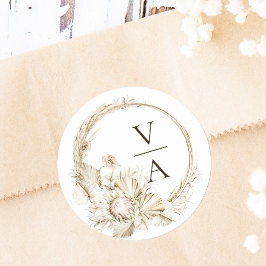 Boho Protea Pampas Grass Wreath Wedding Monogram Ronde Sticker