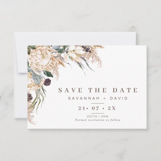 Boho Protea Pampas Wedding Save the Date Card Kaart (Voorkant)