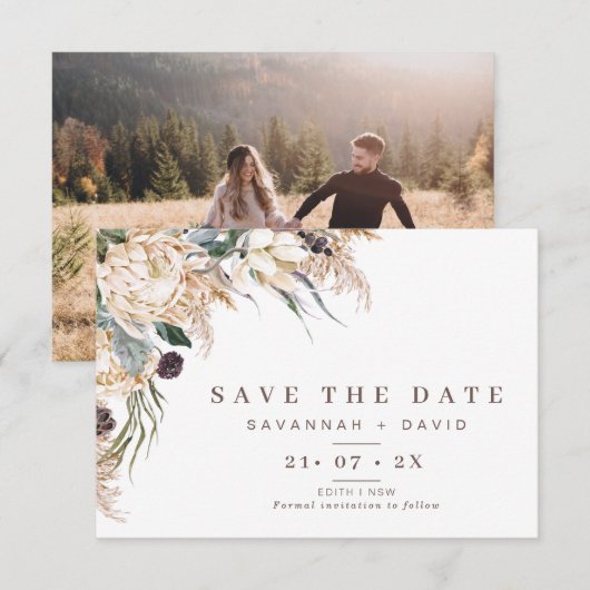 Boho Protea Pampas Wedding Save the Date Card Kaart (Voorkant / Achterkant)