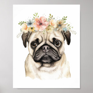 Boho Pug Dog Flower Crown Waterverf Poster