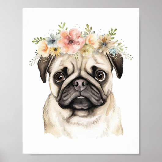 Boho Pug Dog Flower Crown Waterverf Poster (Voorkant)