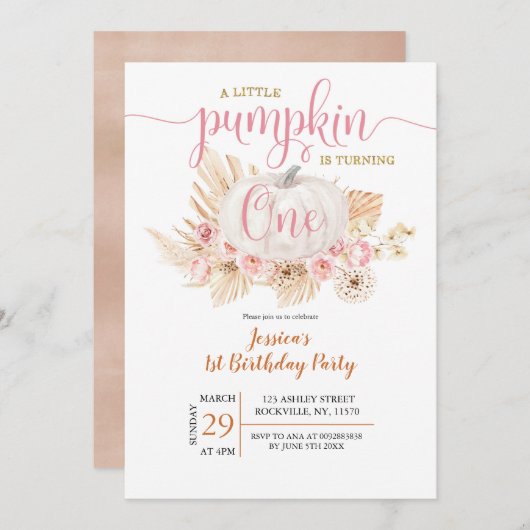 Boho Pumpkin First Birthday Invitation Kaart (Voorkant / Achterkant)