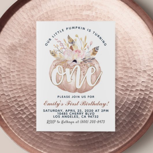 Boho Pumpkin First Birthday Invitation Kaart