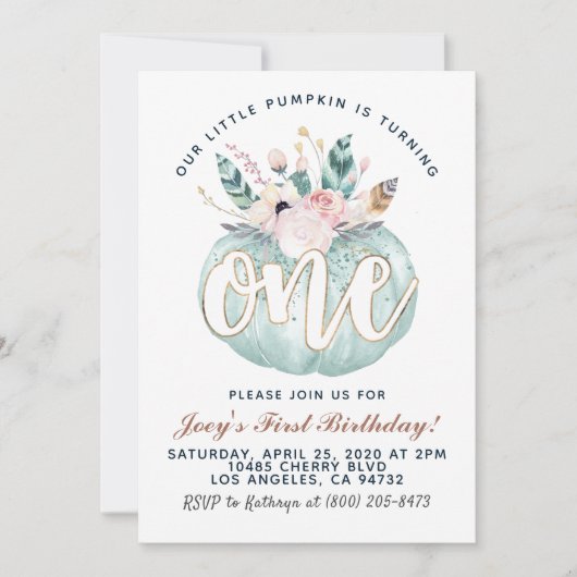 Boho Pumpkin First Birthday Invitation Kaart (Voorkant)