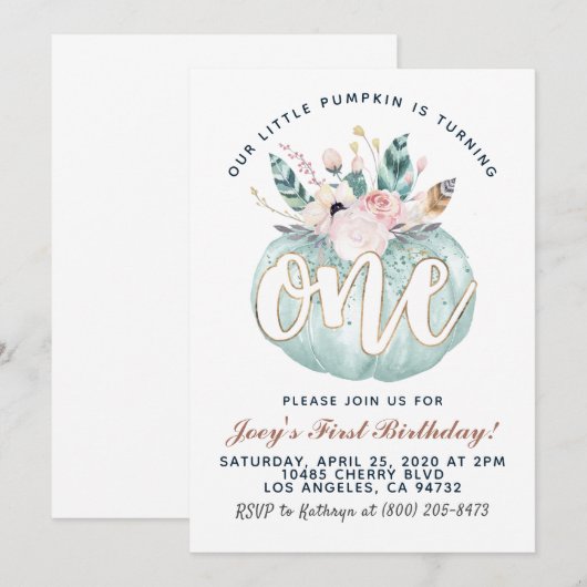 Boho Pumpkin First Birthday Invitation Kaart (Voorkant / Achterkant)