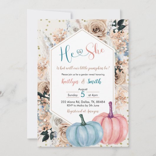Boho Pumpkin Herfst Hij of zij laat Invitati zien Kaart (Voorkant)