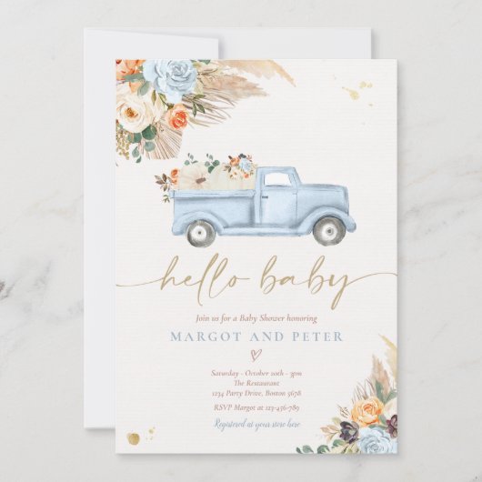 Boho Pumpkin Pickup Truck Blue Boy Baby shower Kaart (Voorkant)