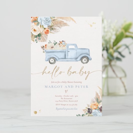 Boho Pumpkin Pickup Truck Blue Boy Baby shower Kaart (Staand voorkant)