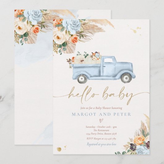 Boho Pumpkin Pickup Truck Blue Boy Baby shower Kaart (Voorkant / Achterkant)