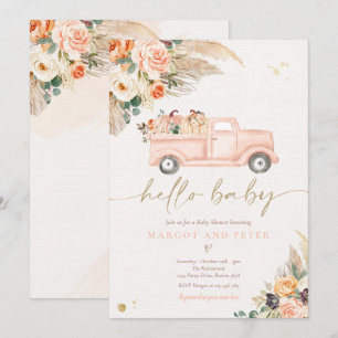 Boho Pumpkin Pickup Truck Peach Girl Baby shower Kaart