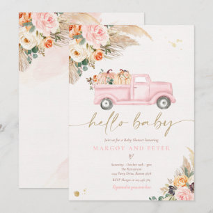 Boho Pumpkin Pickup Truck Pink Girl Baby shower Kaart