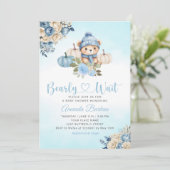 Boho Pumpkin Teddy Bear Blue Boy Beer Baby shower Kaart (Staand voorkant)