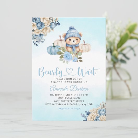 Boho Pumpkin Teddy Bear Blue Boy Beer Baby shower Kaart (Staand voorkant)