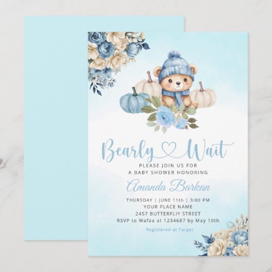 Boho Pumpkin Teddy Bear Blue Boy Beer Baby shower Kaart (Voorkant / Achterkant)