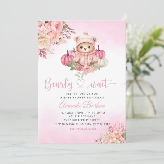 Boho Pumpkin Teddy Bear Pink Girl Beer Baby shower Kaart (Staand voorkant)