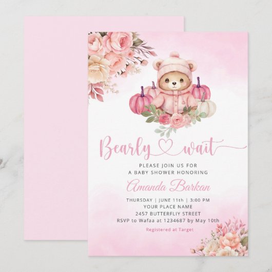 Boho Pumpkin Teddy Bear Pink Girl Beer Baby shower Kaart (Voorkant / Achterkant)