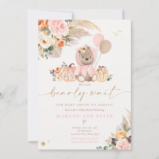Boho Pumpkin Teddy Bear Pink Girl Beer Baby shower Kaart (Voorkant)