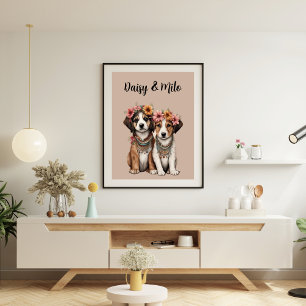 Boho Puppies met Bloemen Poster