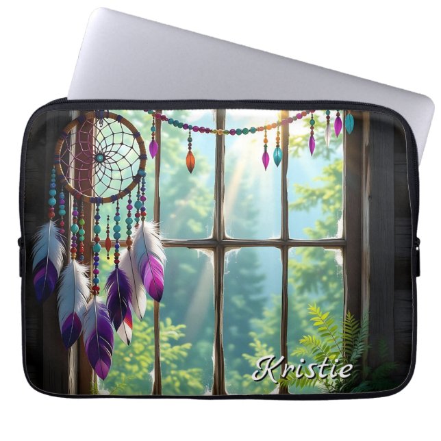 Boho Purple Dreamcatcher in Window  Personalized Laptop Sleeve (Voorkant)