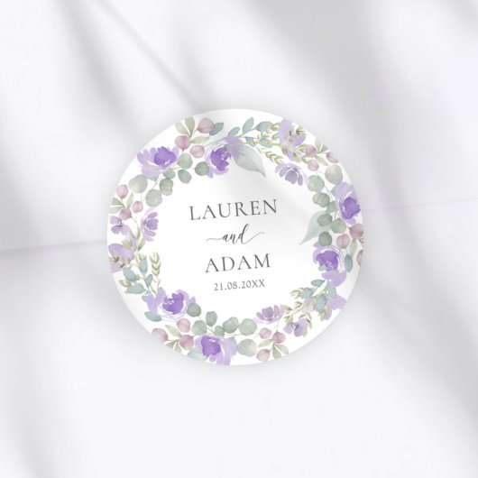 Boho Purple Floral Couples Names Wedding Ronde Sticker