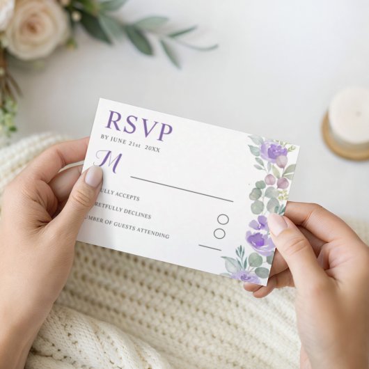 Boho Purple Floral Eucalyptus Wedding RSVP Kaartje